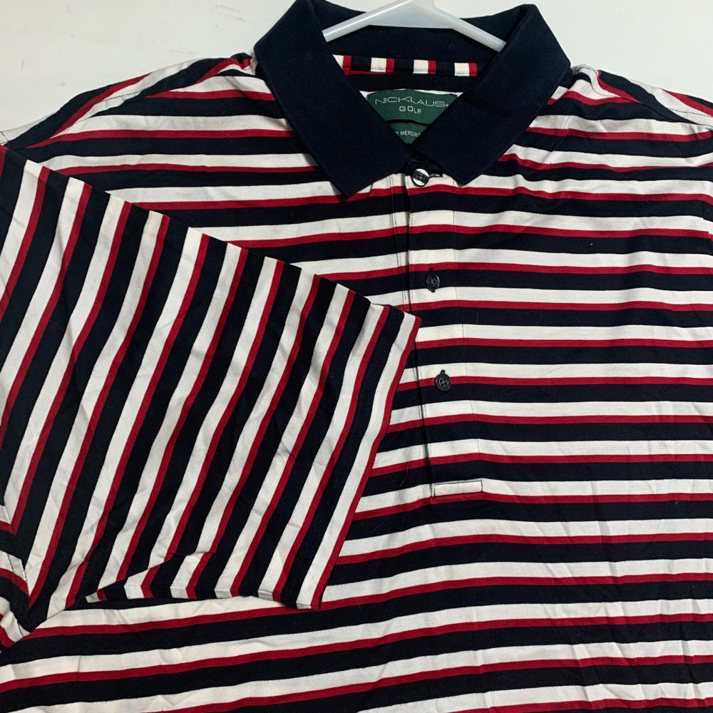 Nicklaus Golf Mens XL Polo Shirt Navy Red White Striped Mercerized Cotton 2326